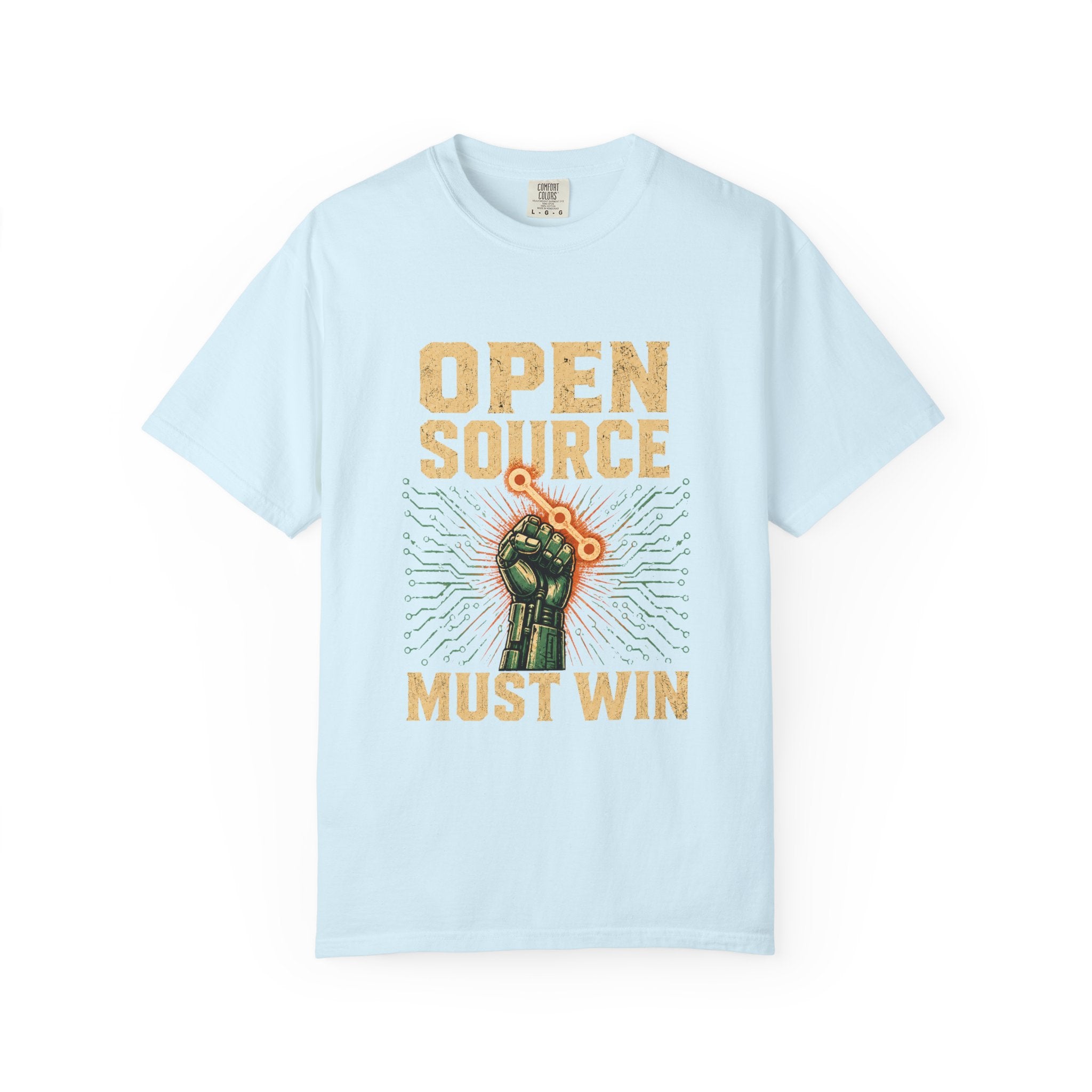 Open Source Must Win — Garment-Dyed Tee — Open Source Must Win — robotic fist holding a git branch, vintage propaganda style