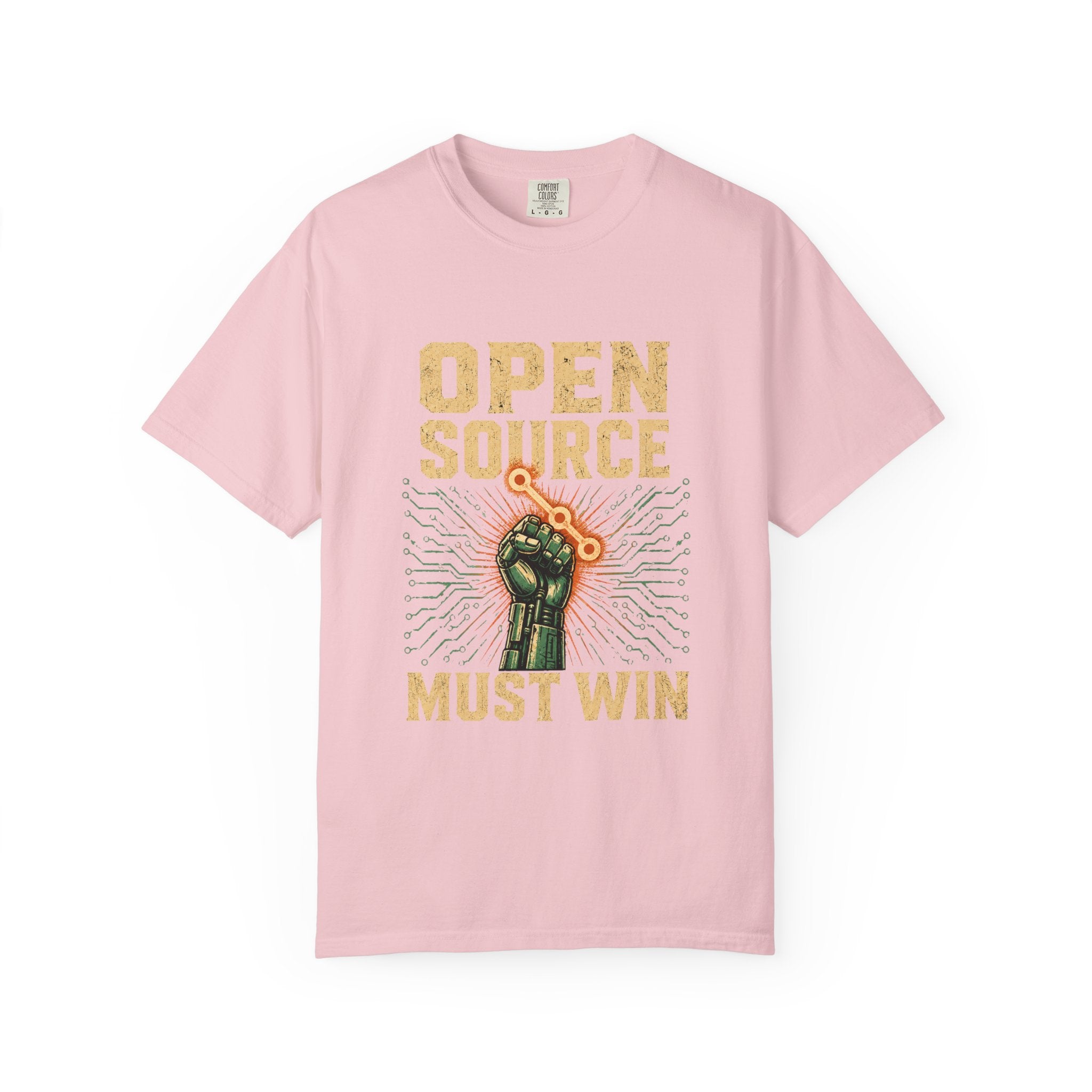 Open Source Must Win — Garment-Dyed Tee — Open Source Must Win — robotic fist holding a git branch, vintage propaganda style