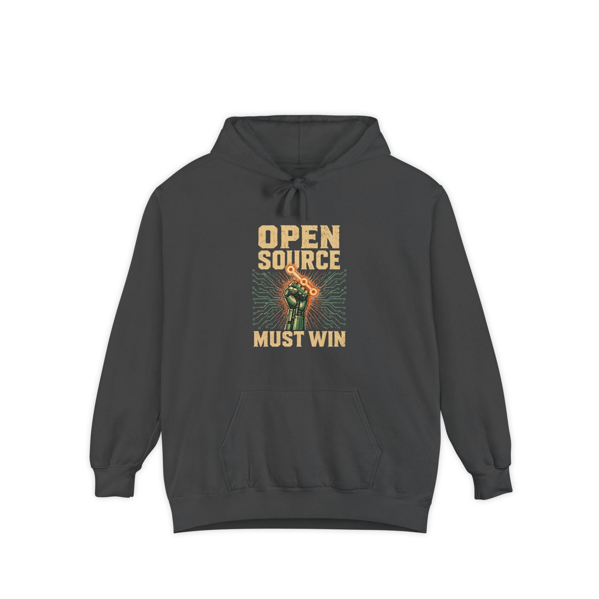 Open Source Must Win — Garment-Dyed Hoodie — Open Source Must Win — robotic fist holding a git branch, vintage propaganda style