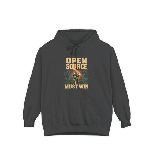 Open Source Must Win — Garment-Dyed Hoodie — Open Source Must Win — robotic fist holding a git branch, vintage propaganda style