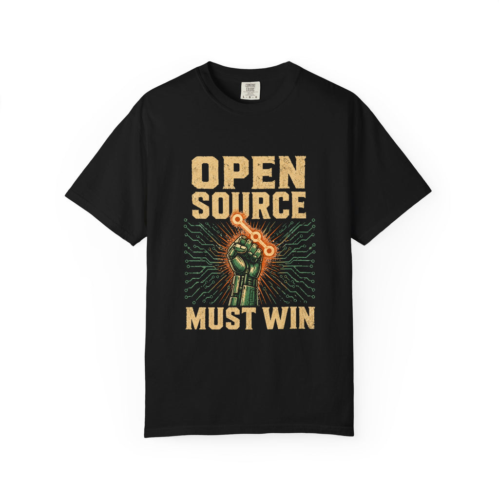 Open Source Must Win — Garment-Dyed Tee — Open Source Must Win — robotic fist holding a git branch, vintage propaganda style