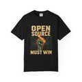 Open Source Must Win — Garment-Dyed Tee — Open Source Must Win — robotic fist holding a git branch, vintage propaganda style