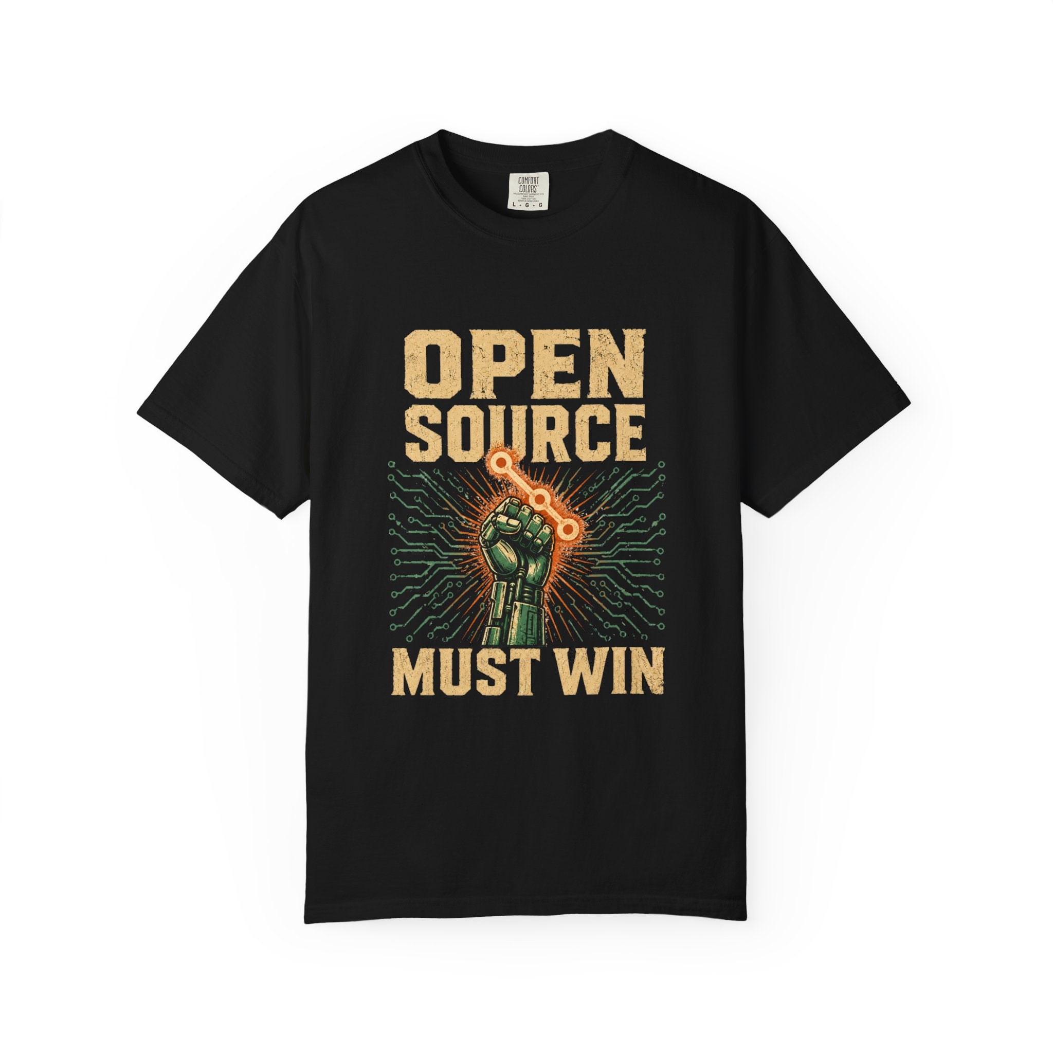 Open Source Must Win — Garment-Dyed Tee — Open Source Must Win — robotic fist holding a git branch, vintage propaganda style