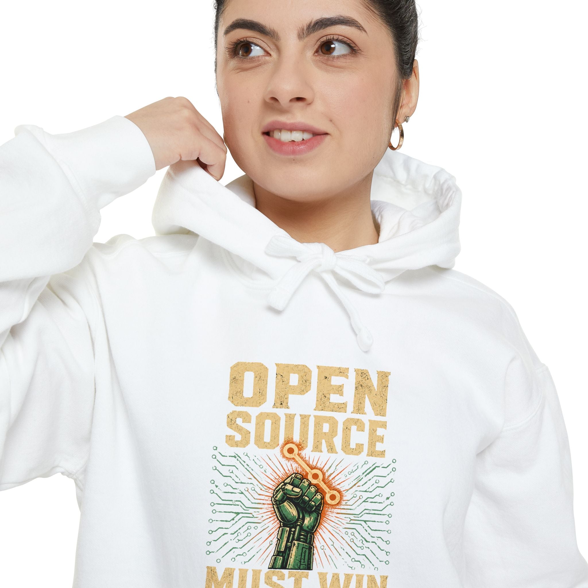 Open Source Must Win — Garment-Dyed Hoodie — Open Source Must Win — robotic fist holding a git branch, vintage propaganda style
