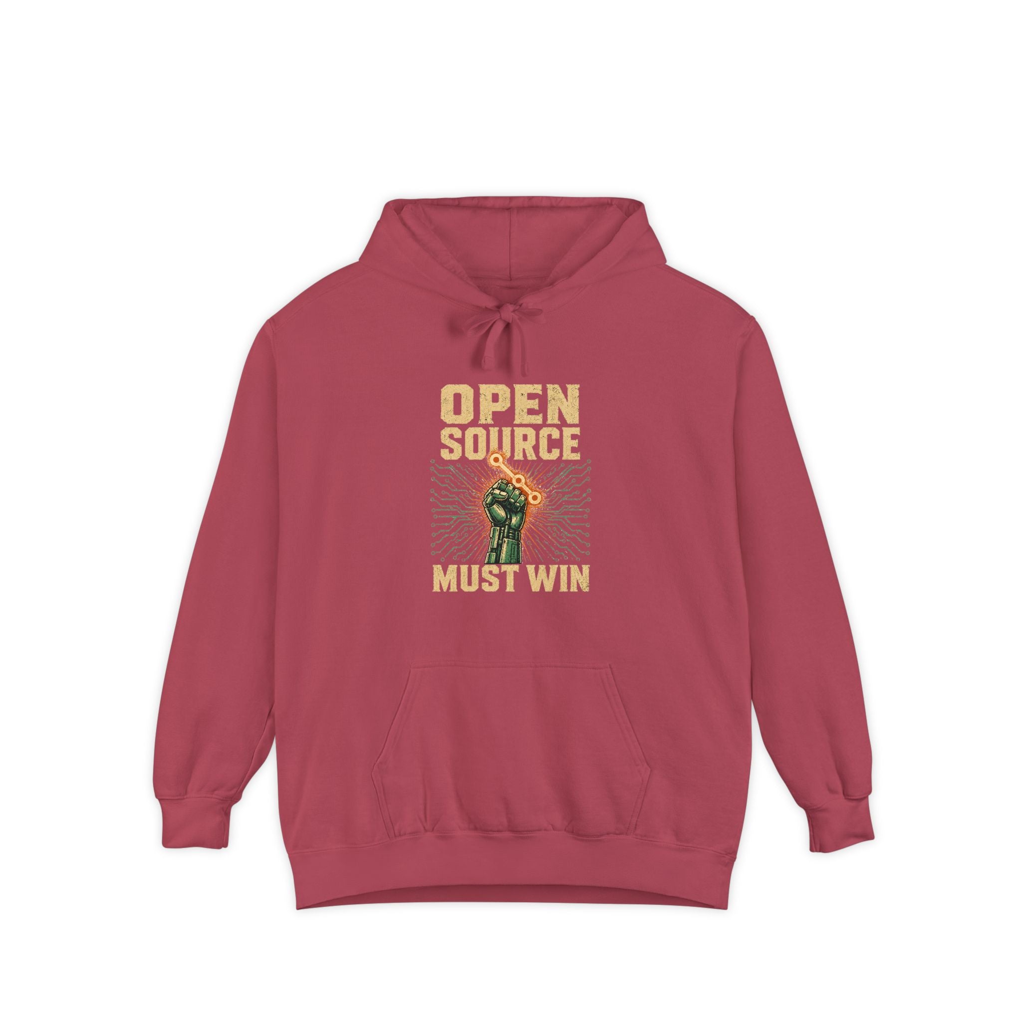 Open Source Must Win — Garment-Dyed Hoodie — Open Source Must Win — robotic fist holding a git branch, vintage propaganda style