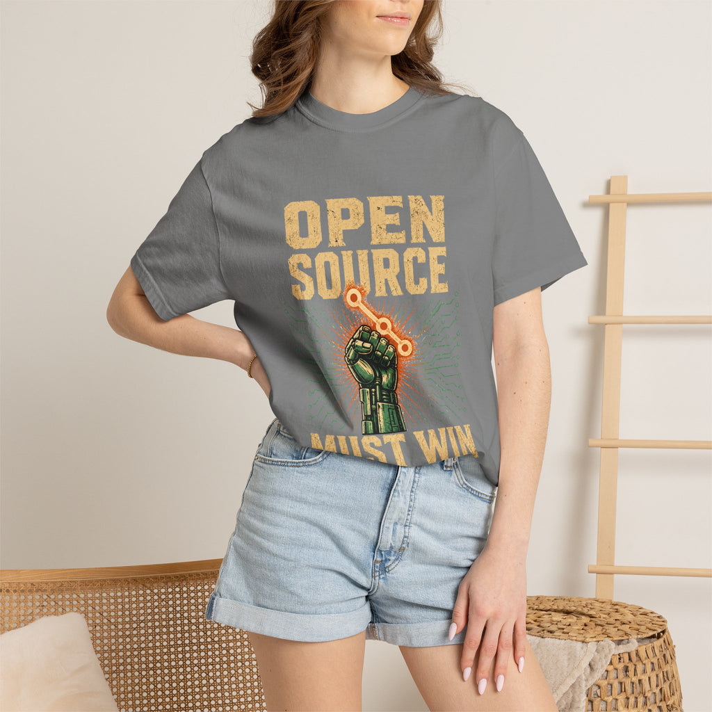 Open Source Must Win — Garment-Dyed Tee — Open Source Must Win — robotic fist holding a git branch, vintage propaganda style