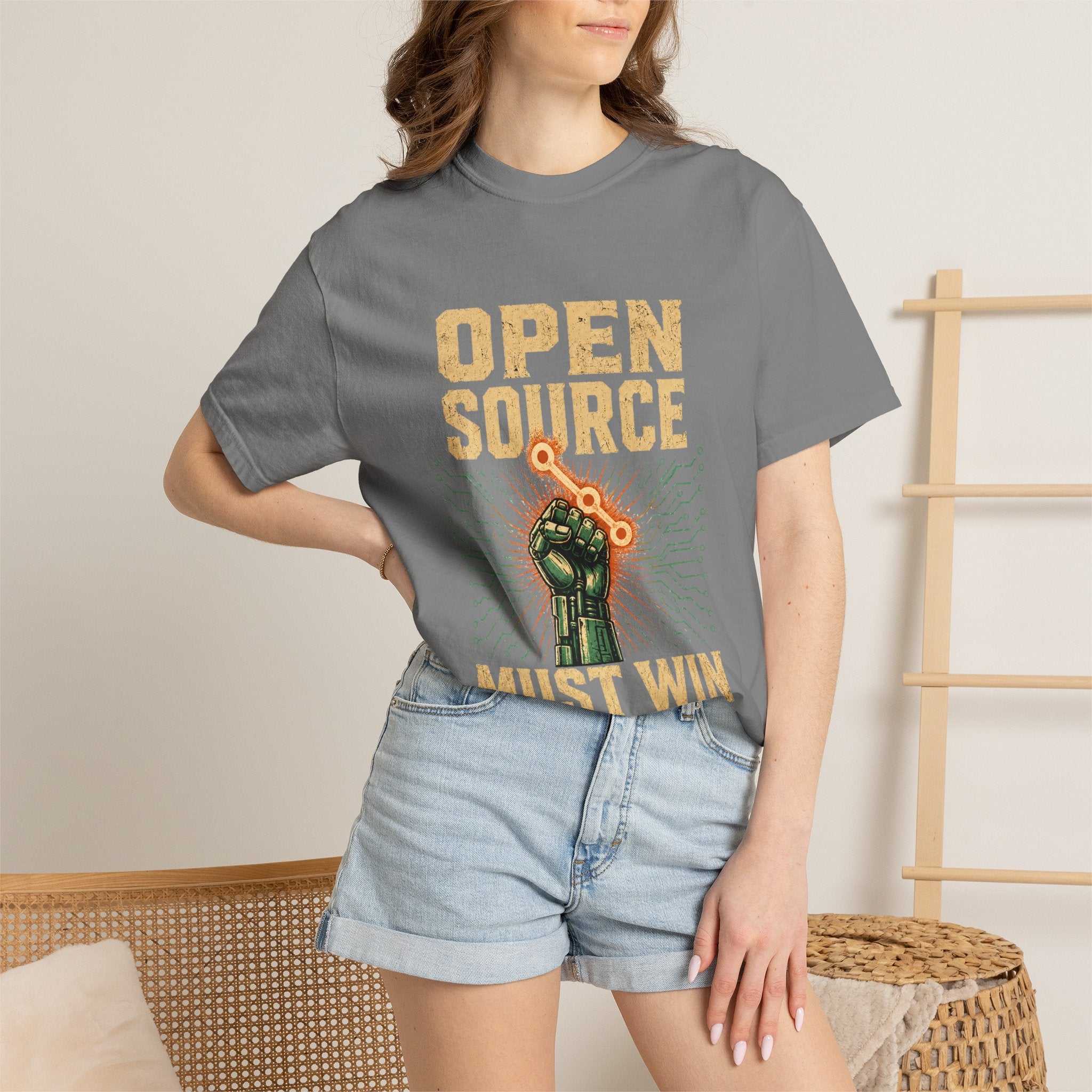 Open Source Must Win — Garment-Dyed Tee — Open Source Must Win — robotic fist holding a git branch, vintage propaganda style