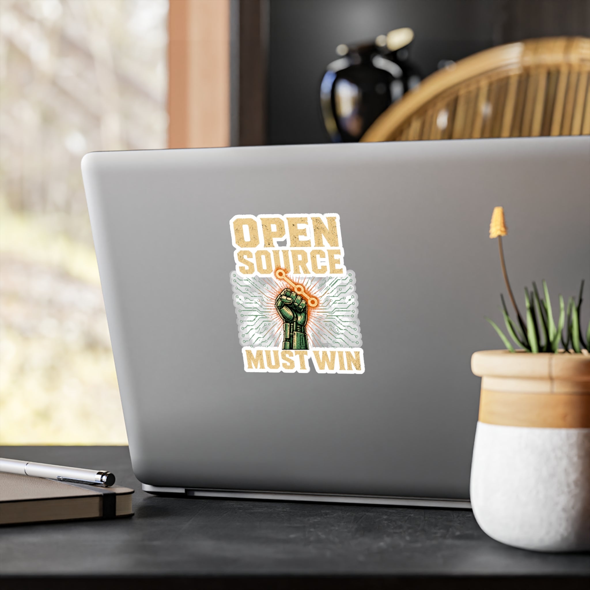 Open Source Must Win — Vinyl Sticker — Open Source Must Win — robotic fist holding a git branch, vintage propaganda style