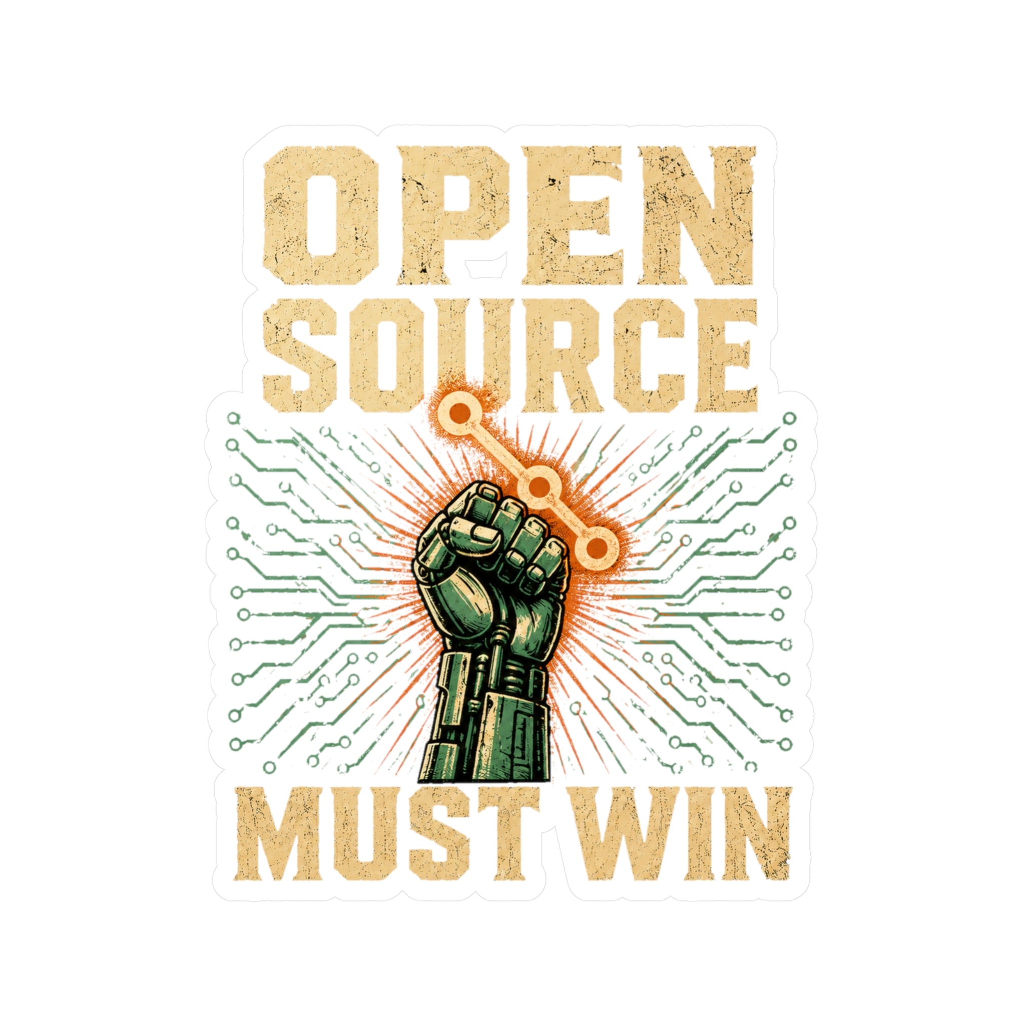 Open Source Must Win — Vinyl Sticker — Open Source Must Win — robotic fist holding a git branch, vintage propaganda style