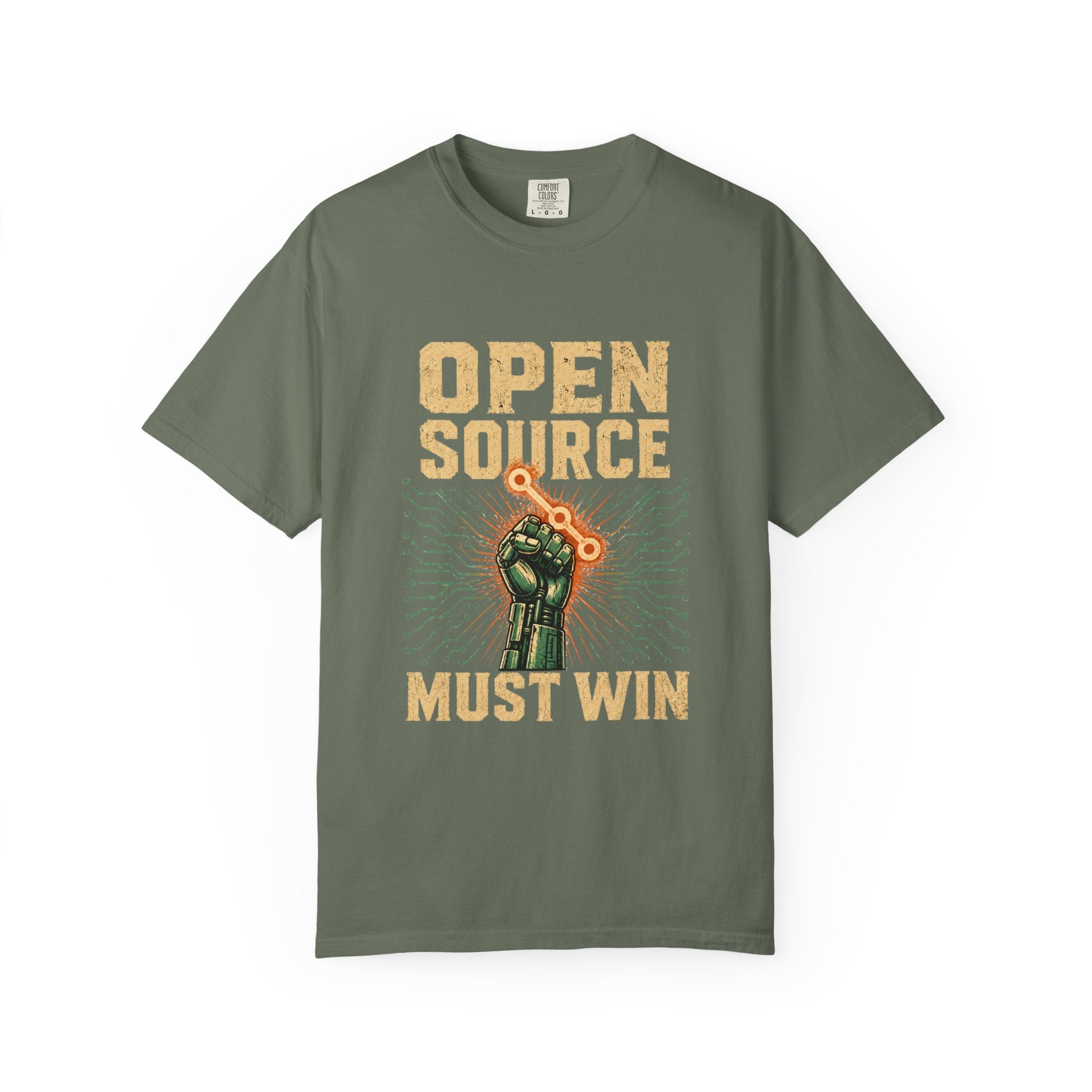 Open Source Must Win — Garment-Dyed Tee — Open Source Must Win — robotic fist holding a git branch, vintage propaganda style