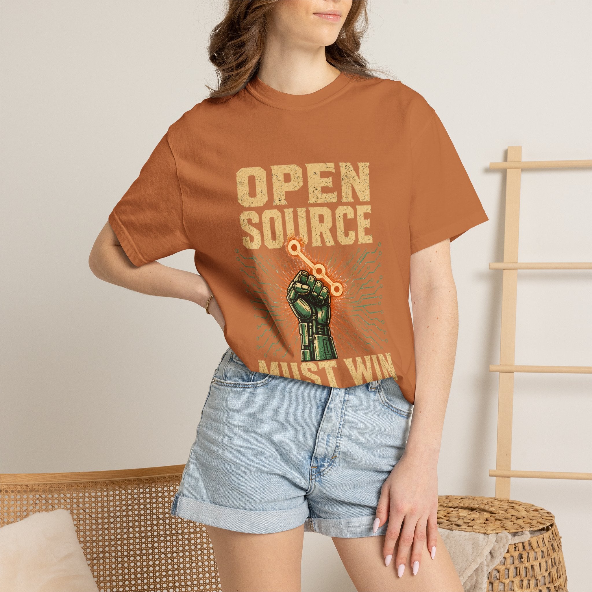 Open Source Must Win — Garment-Dyed Tee — Open Source Must Win — robotic fist holding a git branch, vintage propaganda style