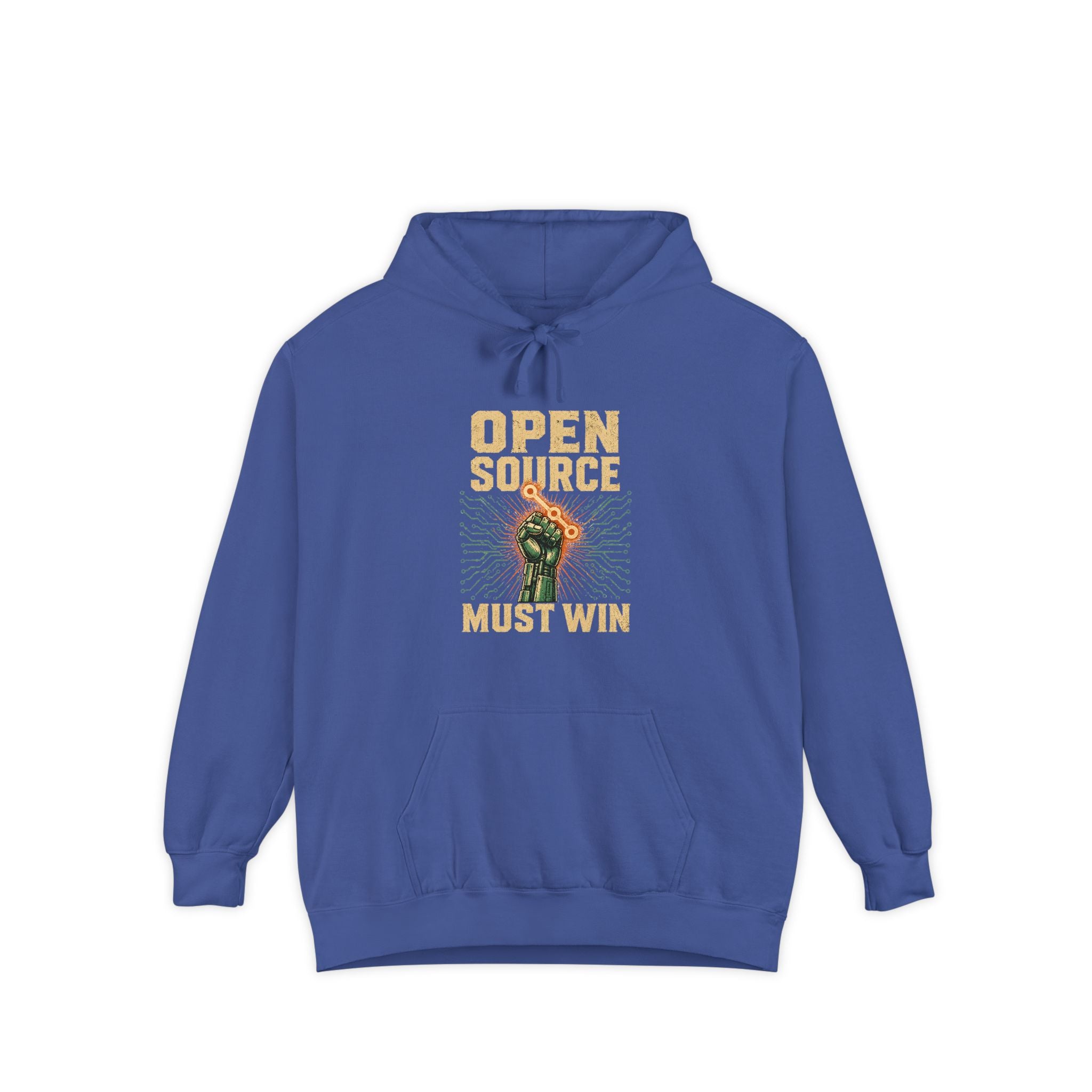 Open Source Must Win — Garment-Dyed Hoodie — Open Source Must Win — robotic fist holding a git branch, vintage propaganda style