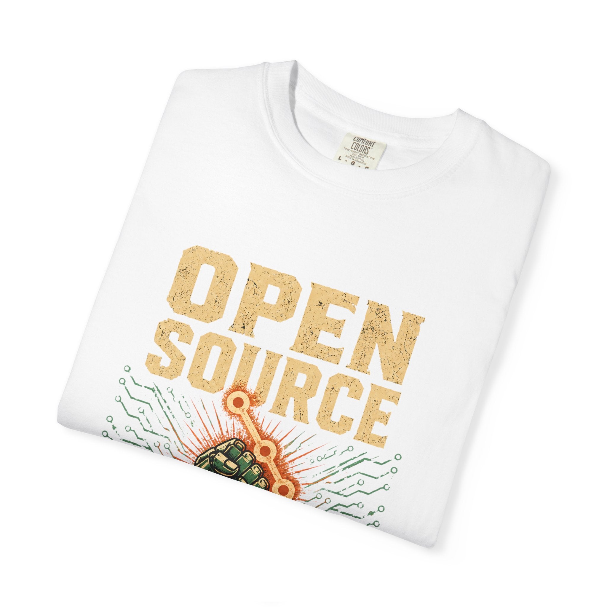 Open Source Must Win — Garment-Dyed Tee — Open Source Must Win — robotic fist holding a git branch, vintage propaganda style