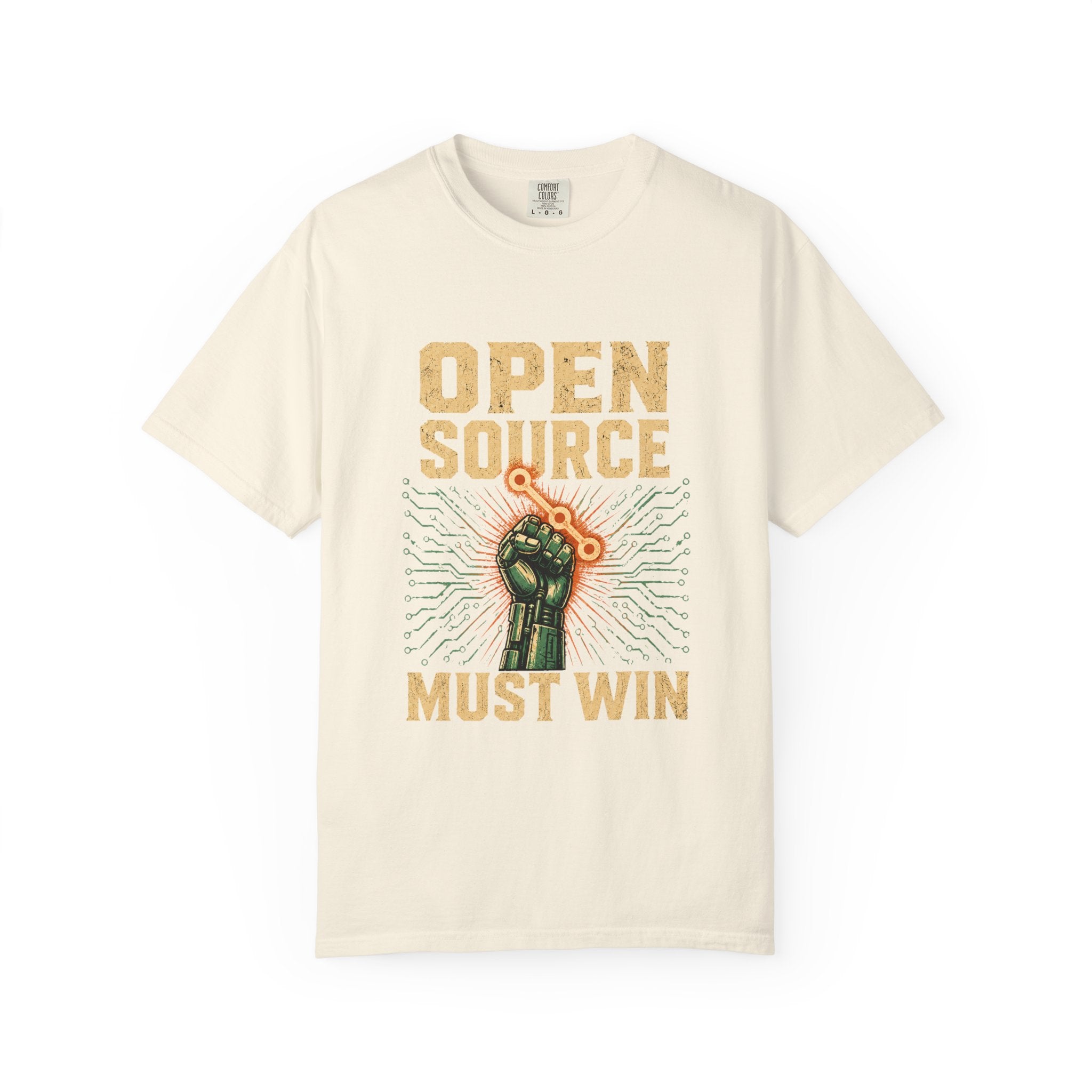 Open Source Must Win — Garment-Dyed Tee — Open Source Must Win — robotic fist holding a git branch, vintage propaganda style