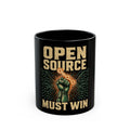 Open Source Must Win — Black Mug — Open Source Must Win — robotic fist holding a git branch, vintage propaganda style