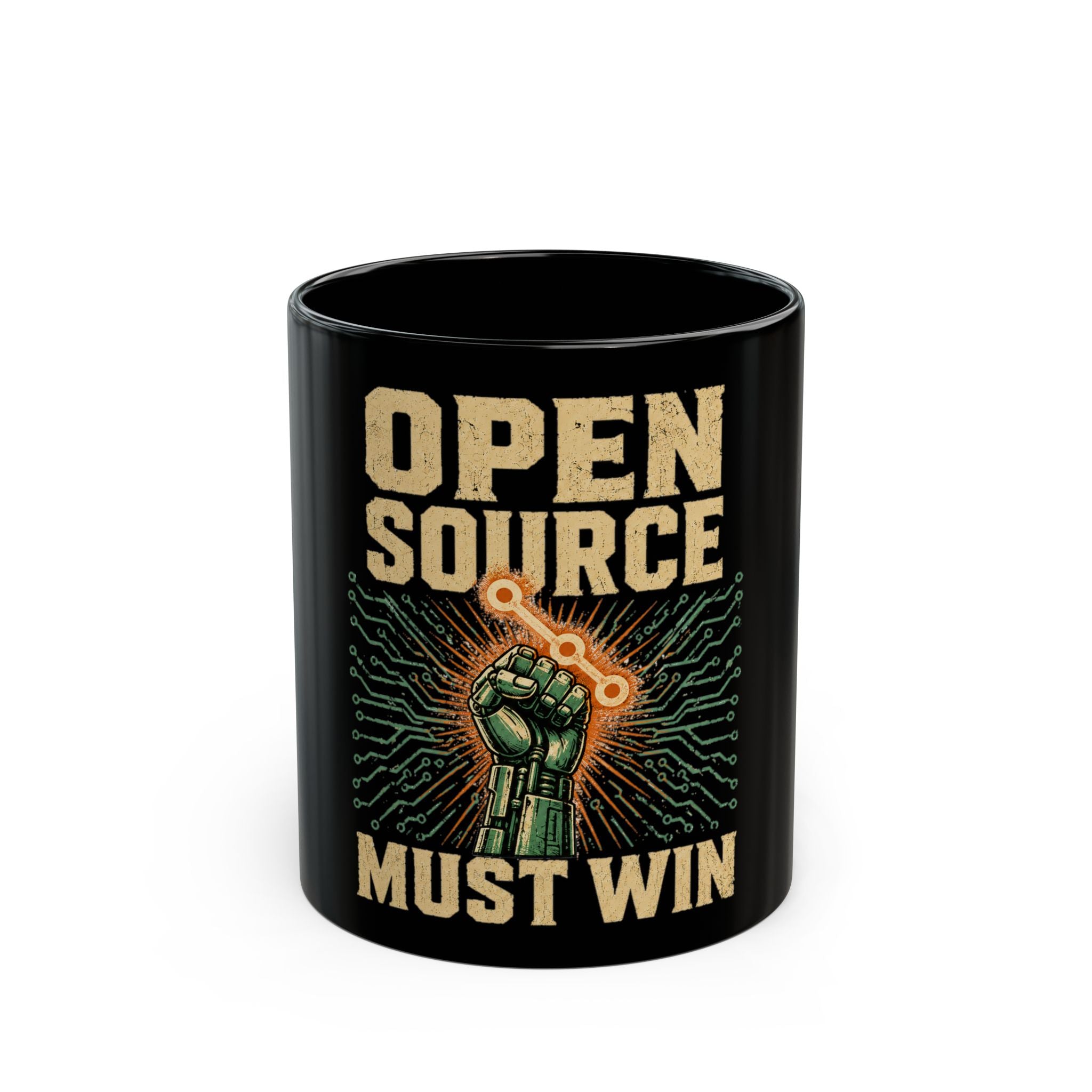 Open Source Must Win — Black Mug — Open Source Must Win — robotic fist holding a git branch, vintage propaganda style