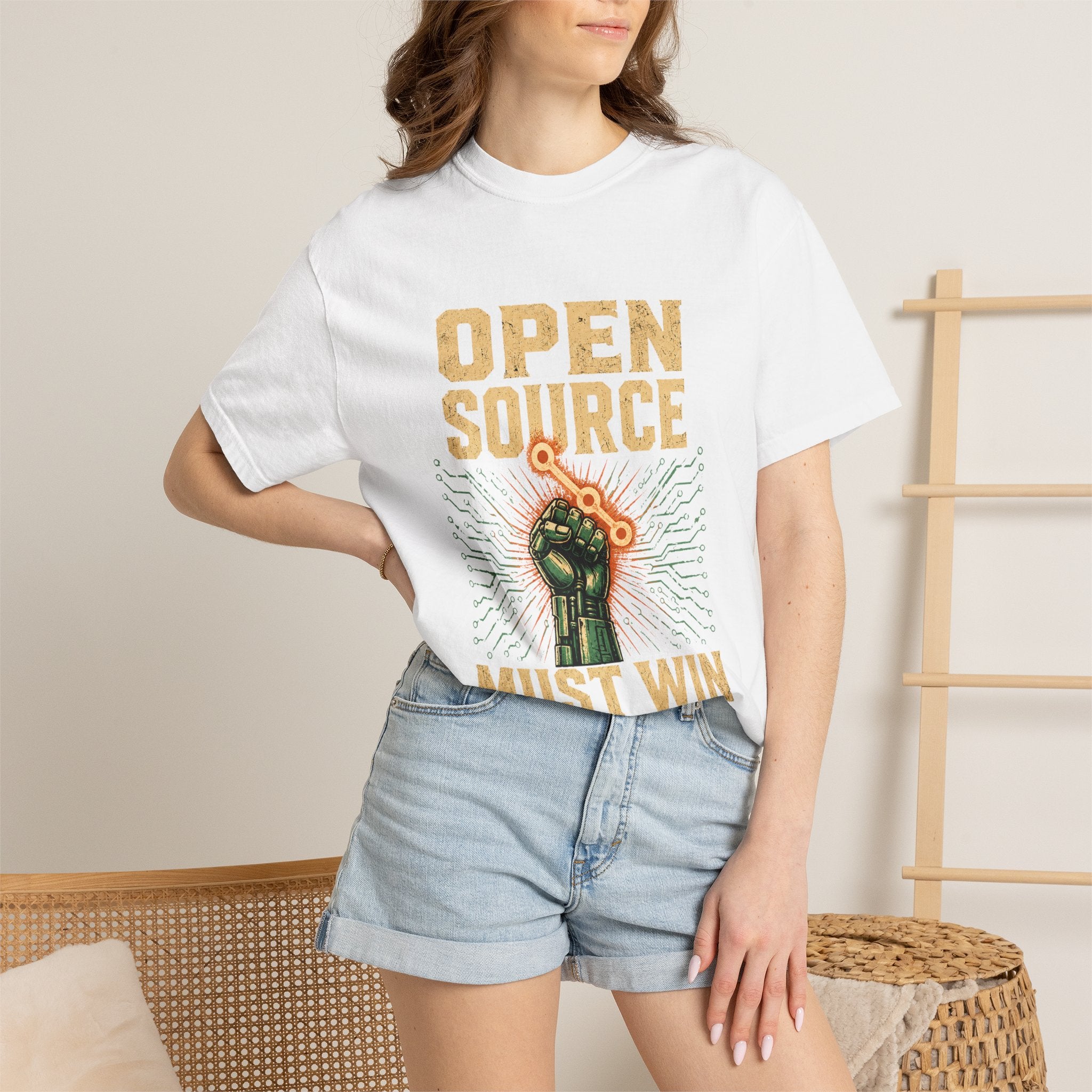 Open Source Must Win — Garment-Dyed Tee — Open Source Must Win — robotic fist holding a git branch, vintage propaganda style