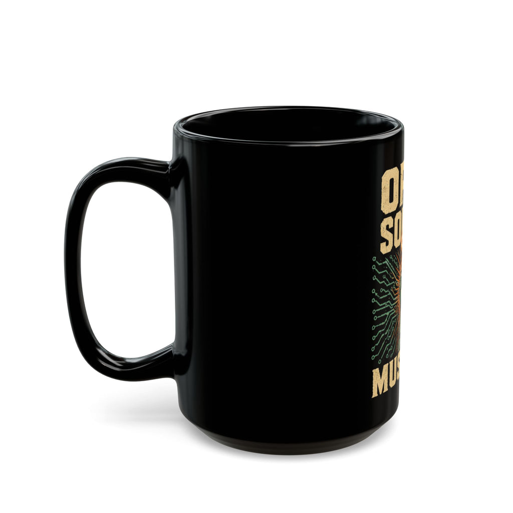 Open Source Must Win — Black Mug — Open Source Must Win — robotic fist holding a git branch, vintage propaganda style