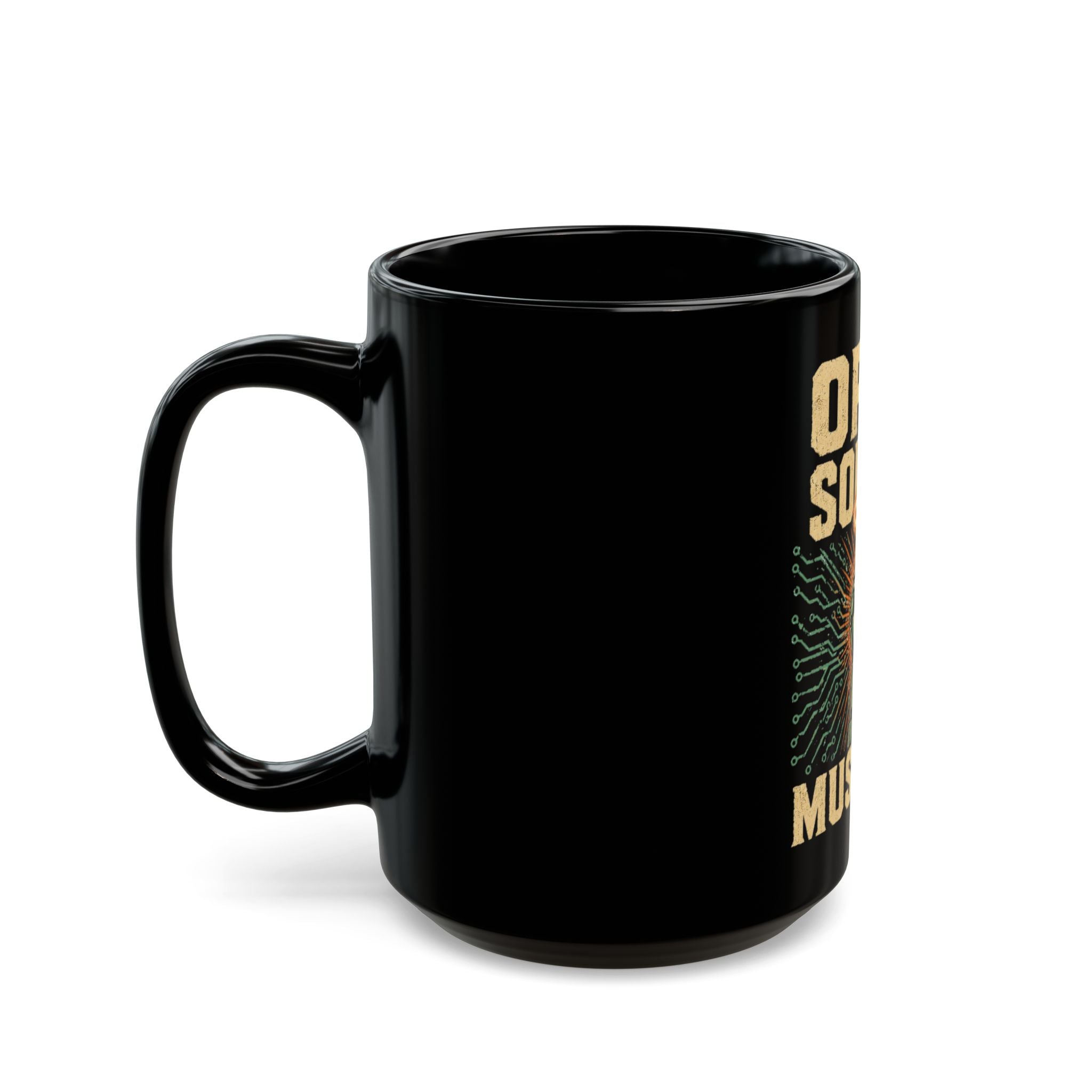 Open Source Must Win — Black Mug — Open Source Must Win — robotic fist holding a git branch, vintage propaganda style