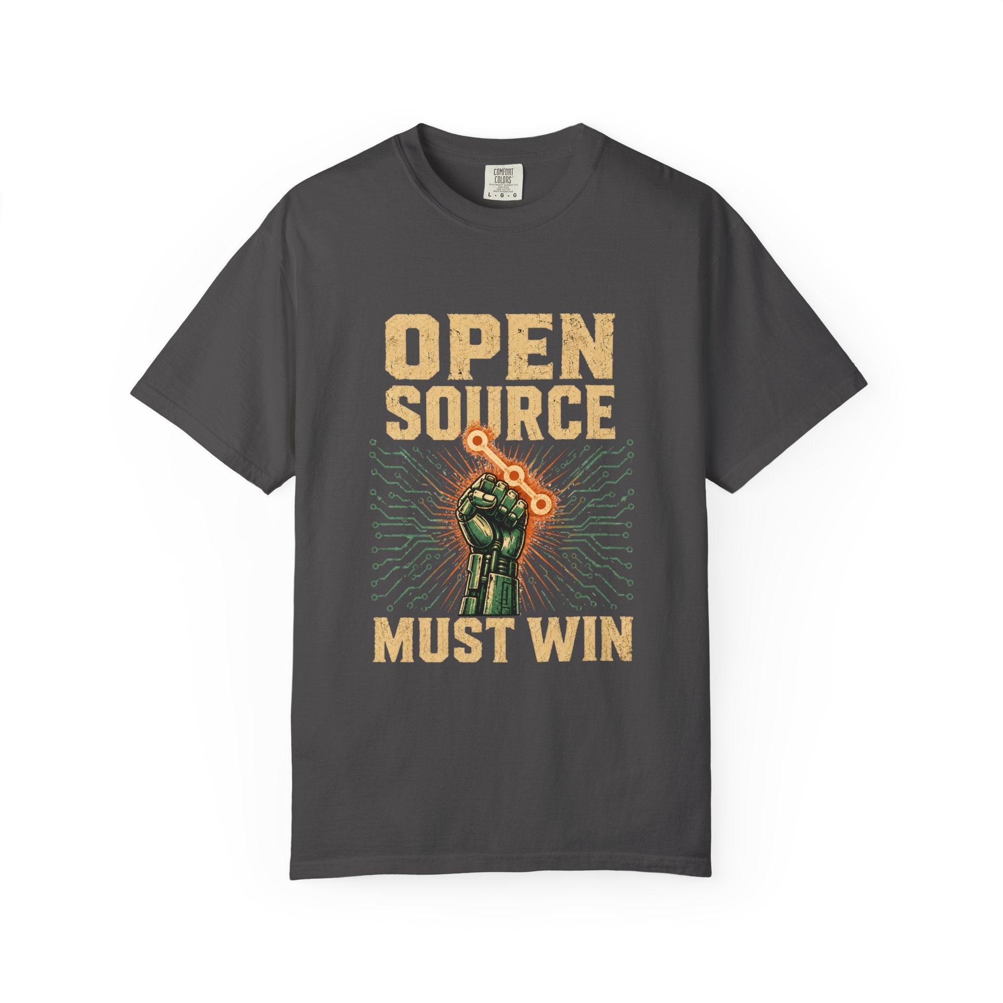 Open Source Must Win — Garment-Dyed Tee — Open Source Must Win — robotic fist holding a git branch, vintage propaganda style
