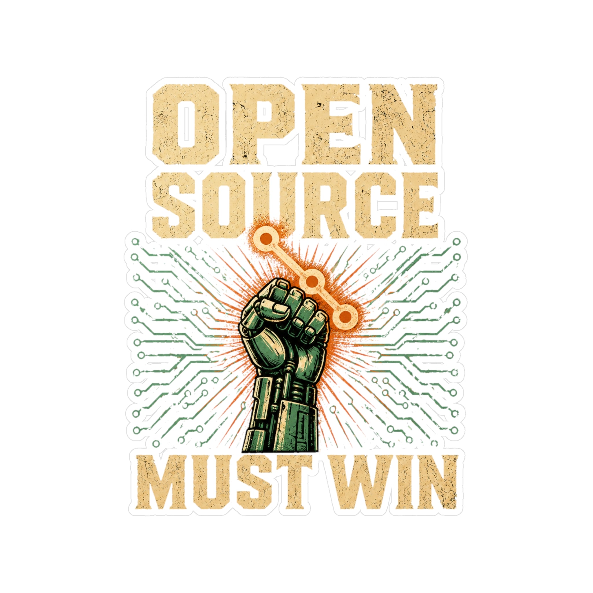 Open Source Must Win — Vinyl Sticker — Open Source Must Win — robotic fist holding a git branch, vintage propaganda style