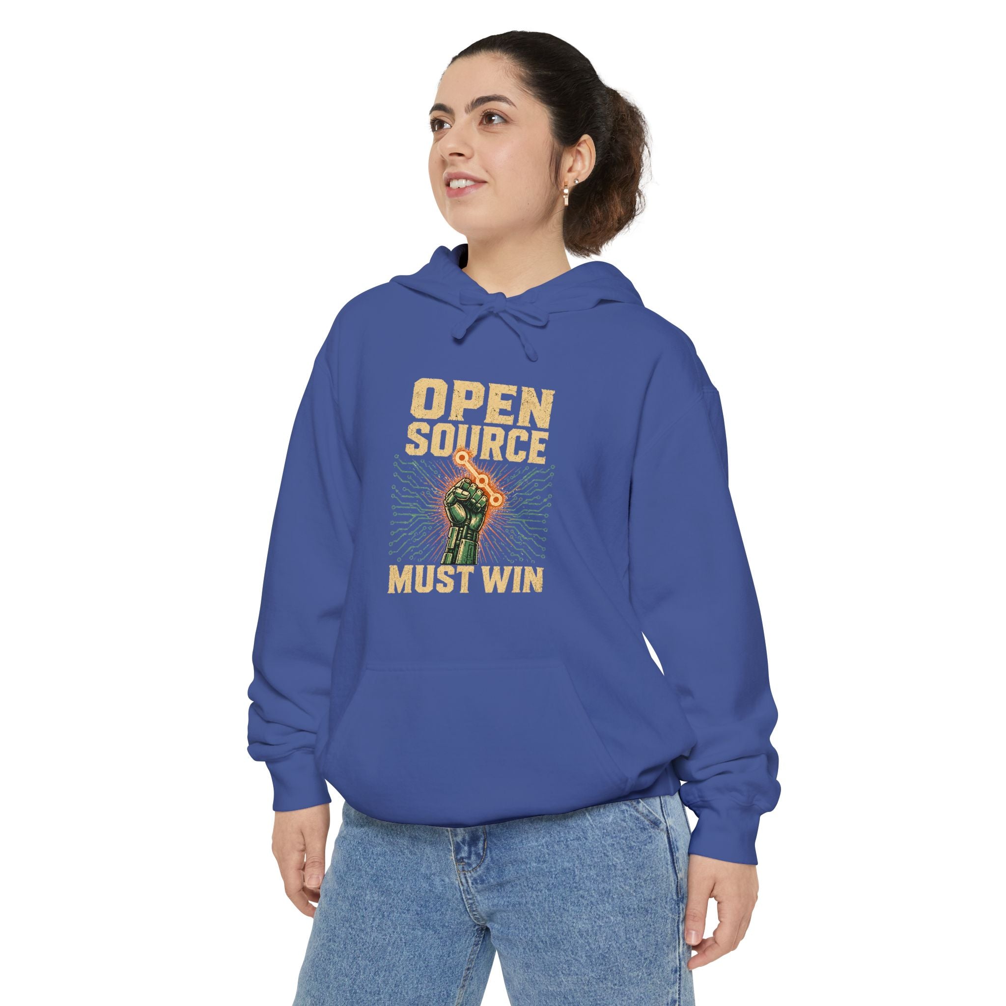 Open Source Must Win — Garment-Dyed Hoodie — Open Source Must Win — robotic fist holding a git branch, vintage propaganda style