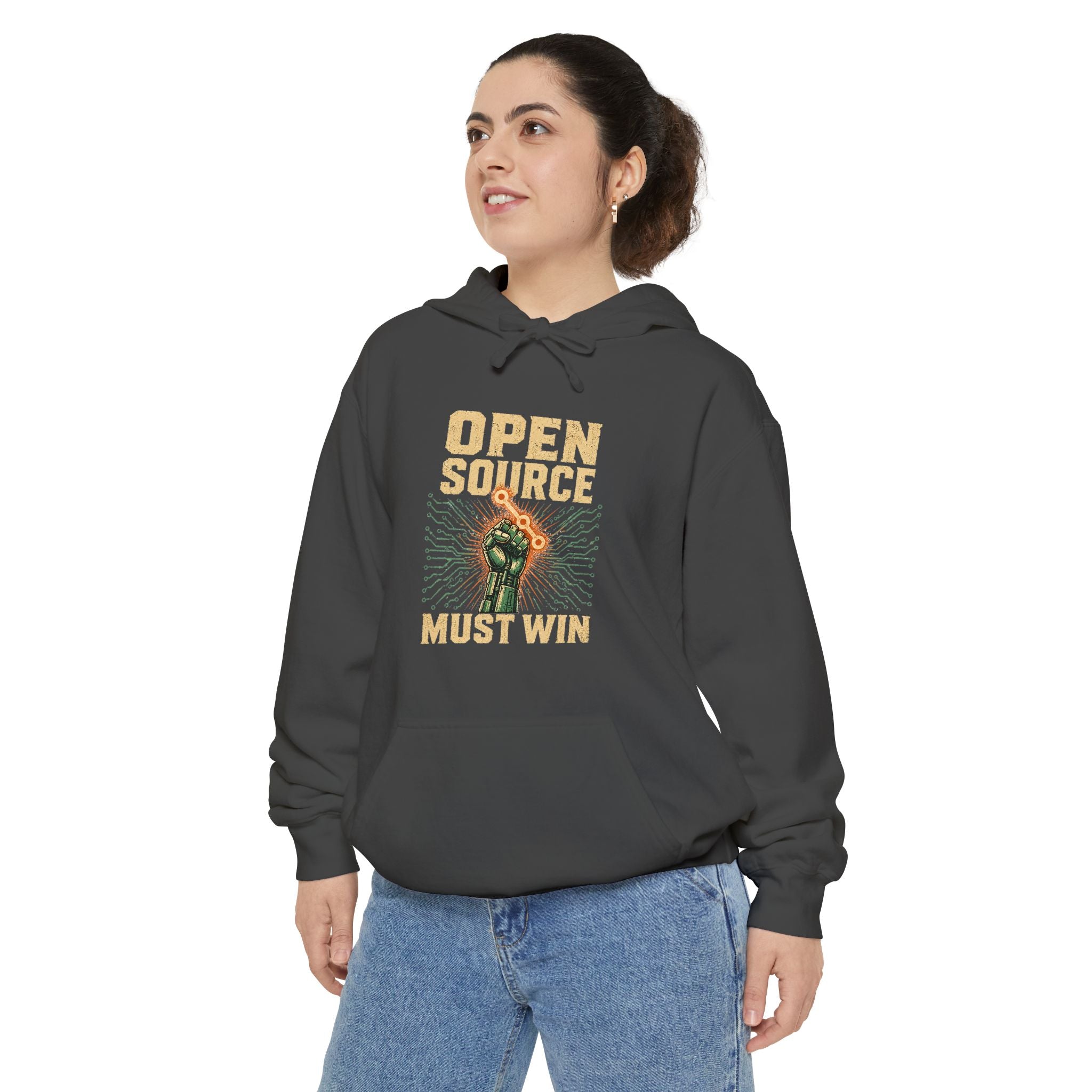 Open Source Must Win — Garment-Dyed Hoodie — Open Source Must Win — robotic fist holding a git branch, vintage propaganda style