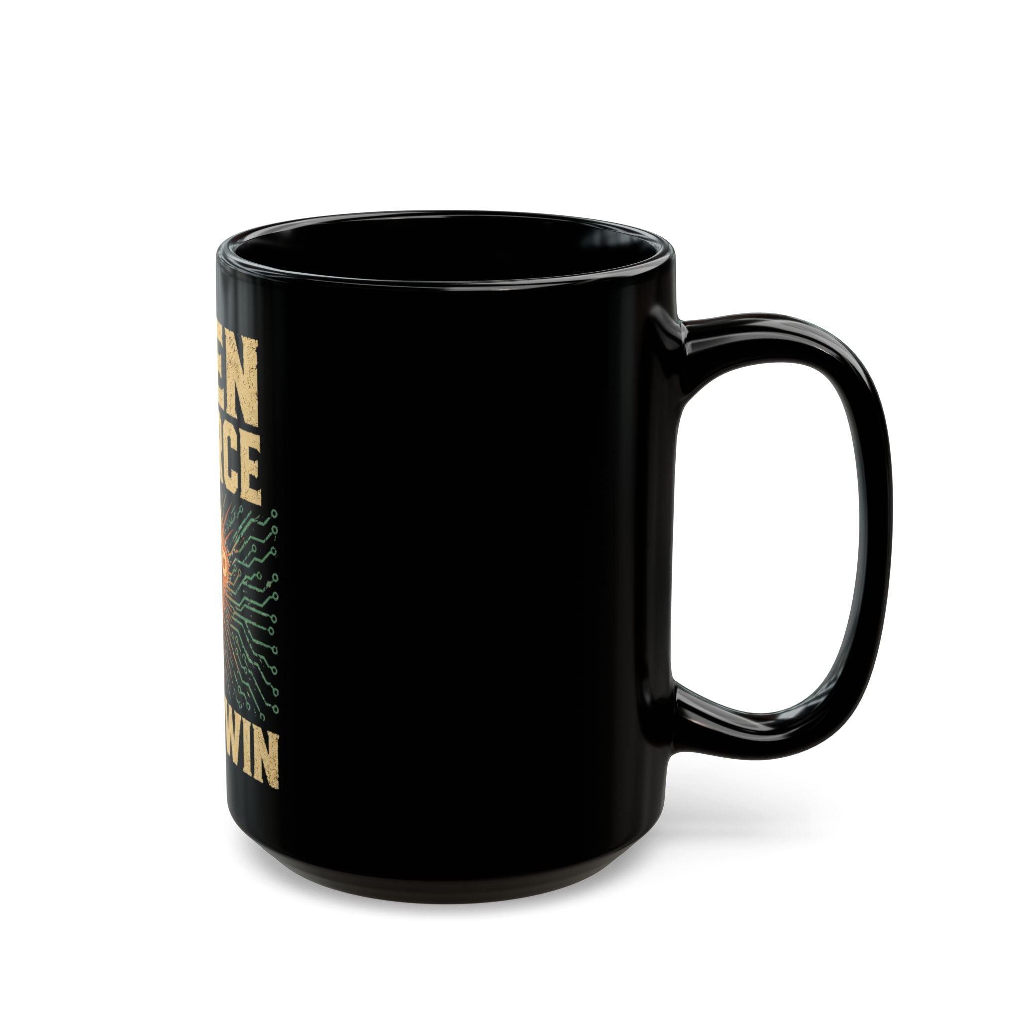 Open Source Must Win — Black Mug — Open Source Must Win — robotic fist holding a git branch, vintage propaganda style