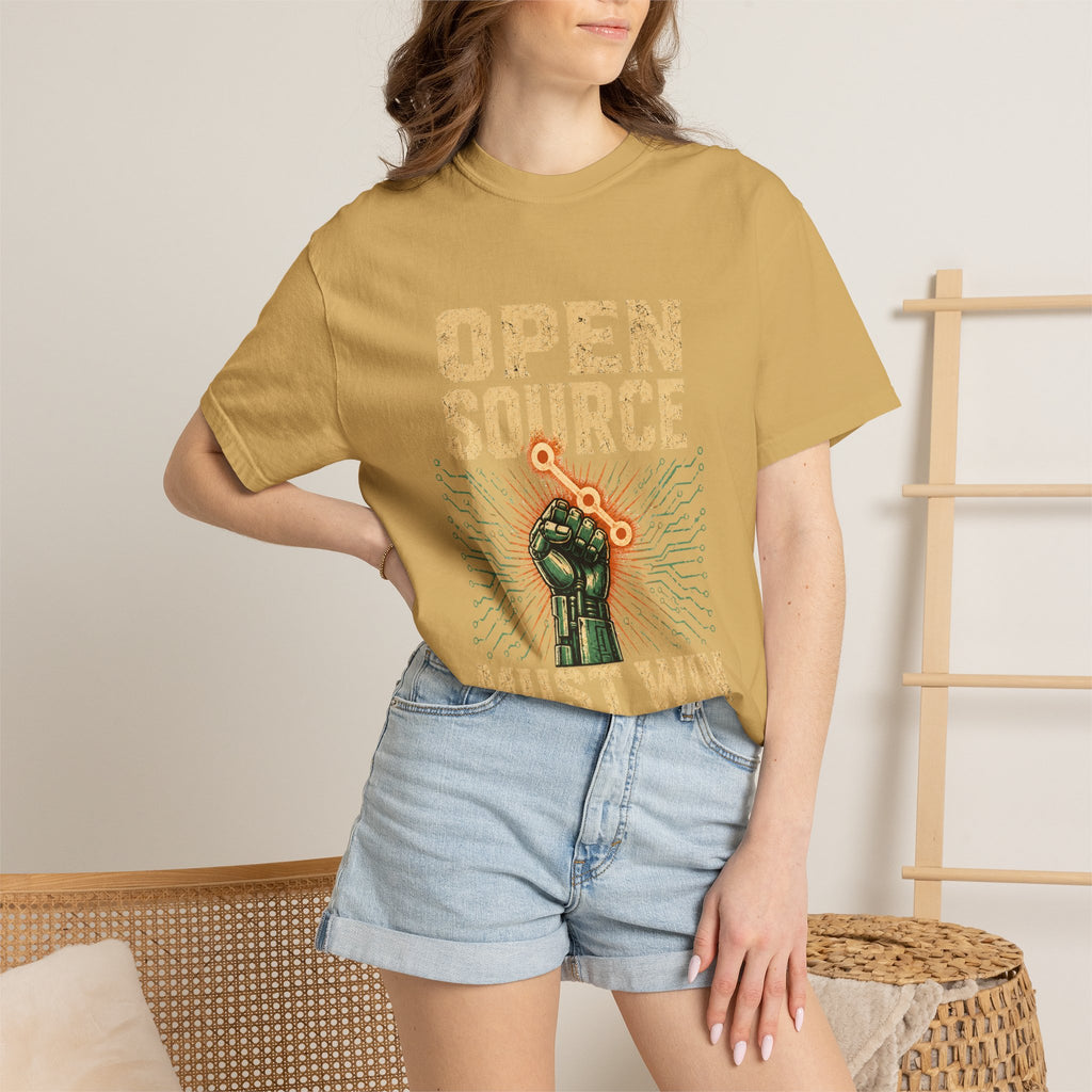 Open Source Must Win — Garment-Dyed Tee — Open Source Must Win — robotic fist holding a git branch, vintage propaganda style