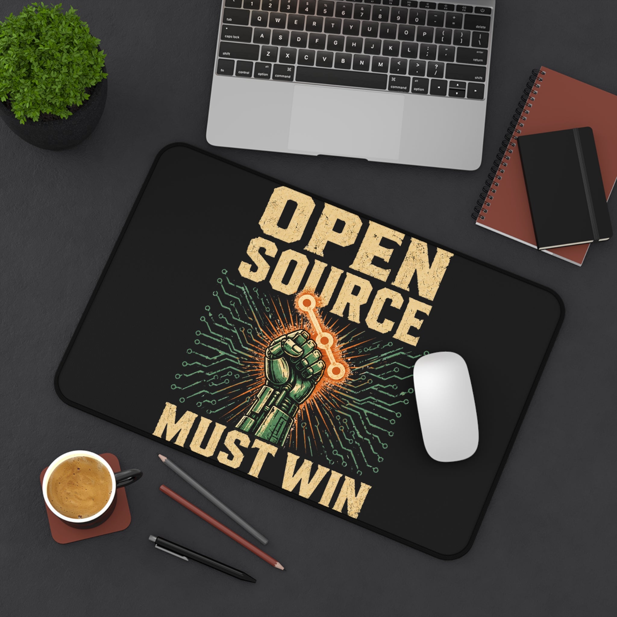 Open Source Must Win — Desk Mat — Open Source Must Win — robotic fist holding a git branch, vintage propaganda style