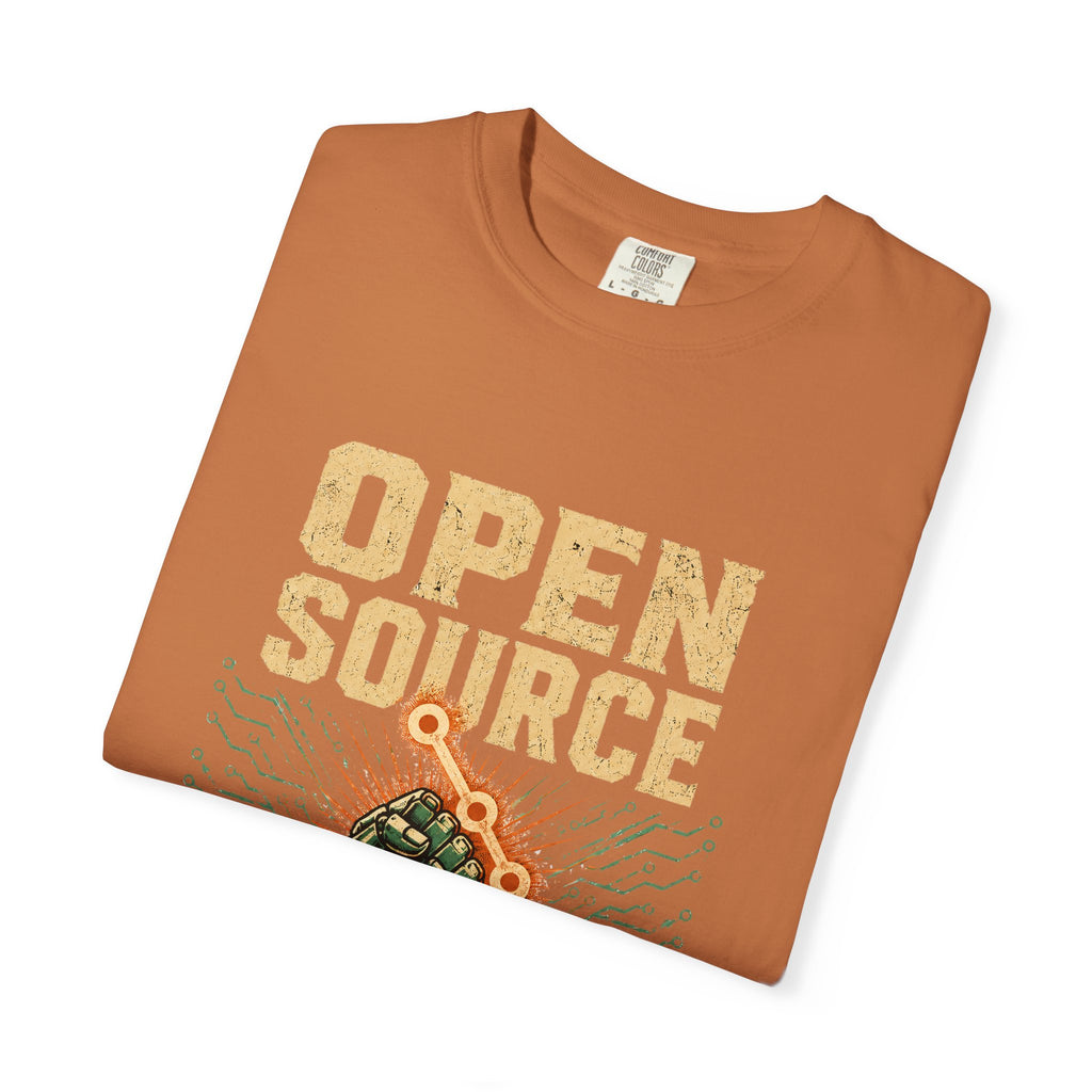 Open Source Must Win — Garment-Dyed Tee — Open Source Must Win — robotic fist holding a git branch, vintage propaganda style