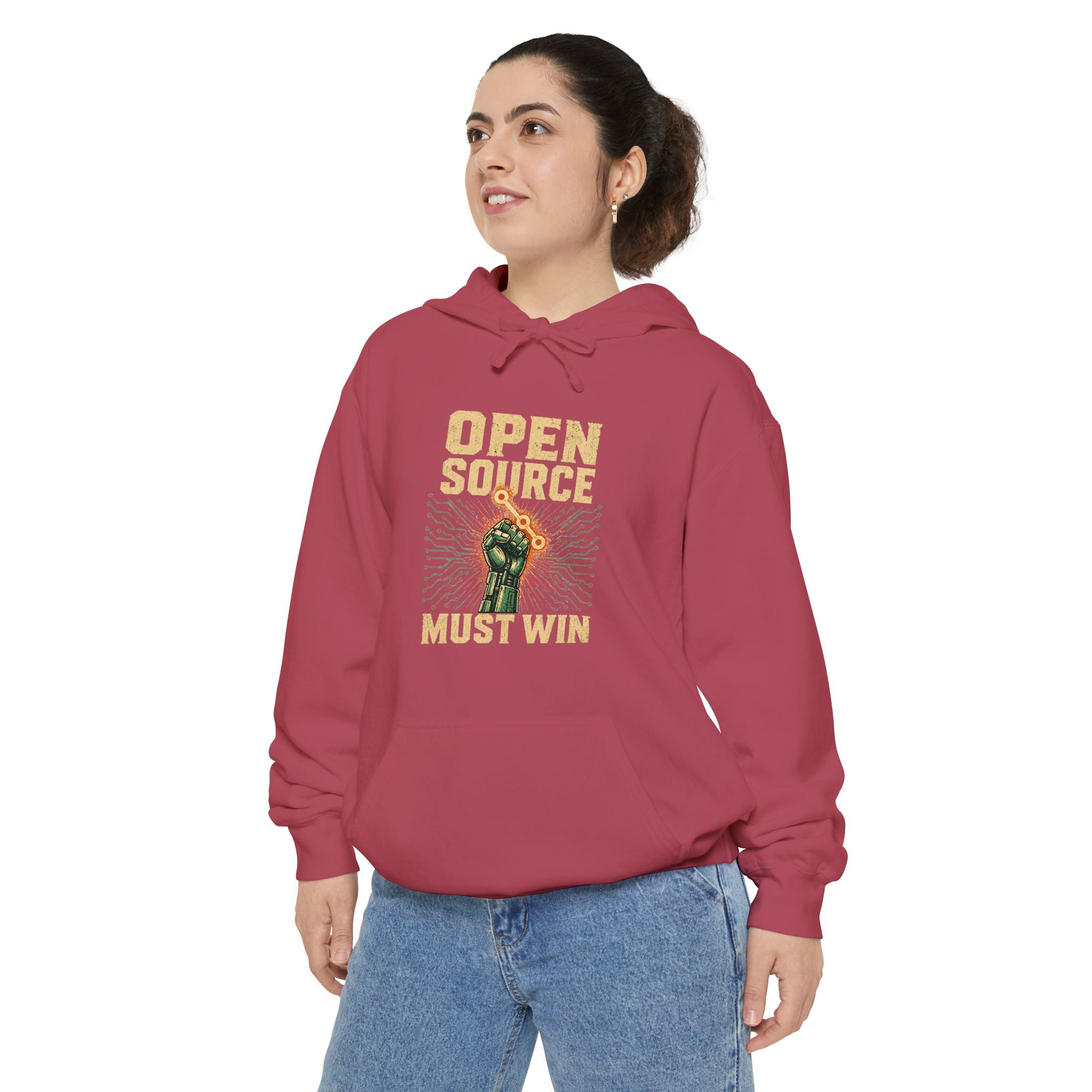 Open Source Must Win — Garment-Dyed Hoodie — Open Source Must Win — robotic fist holding a git branch, vintage propaganda style