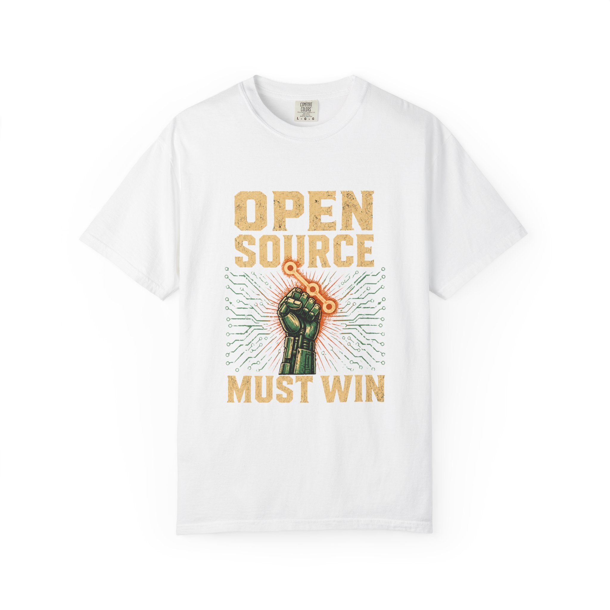 Open Source Must Win — Garment-Dyed Tee — Open Source Must Win — robotic fist holding a git branch, vintage propaganda style