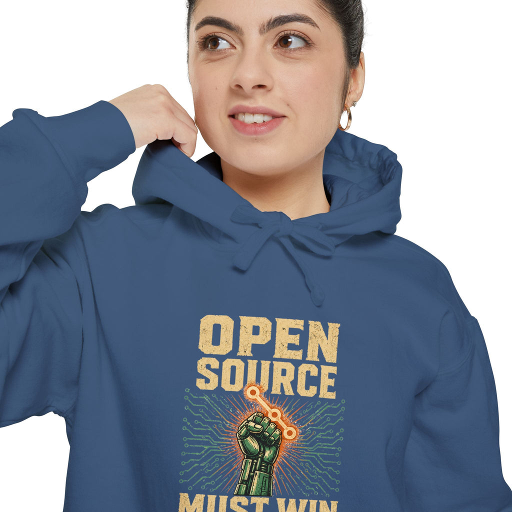 Open Source Must Win — Garment-Dyed Hoodie — Open Source Must Win — robotic fist holding a git branch, vintage propaganda style